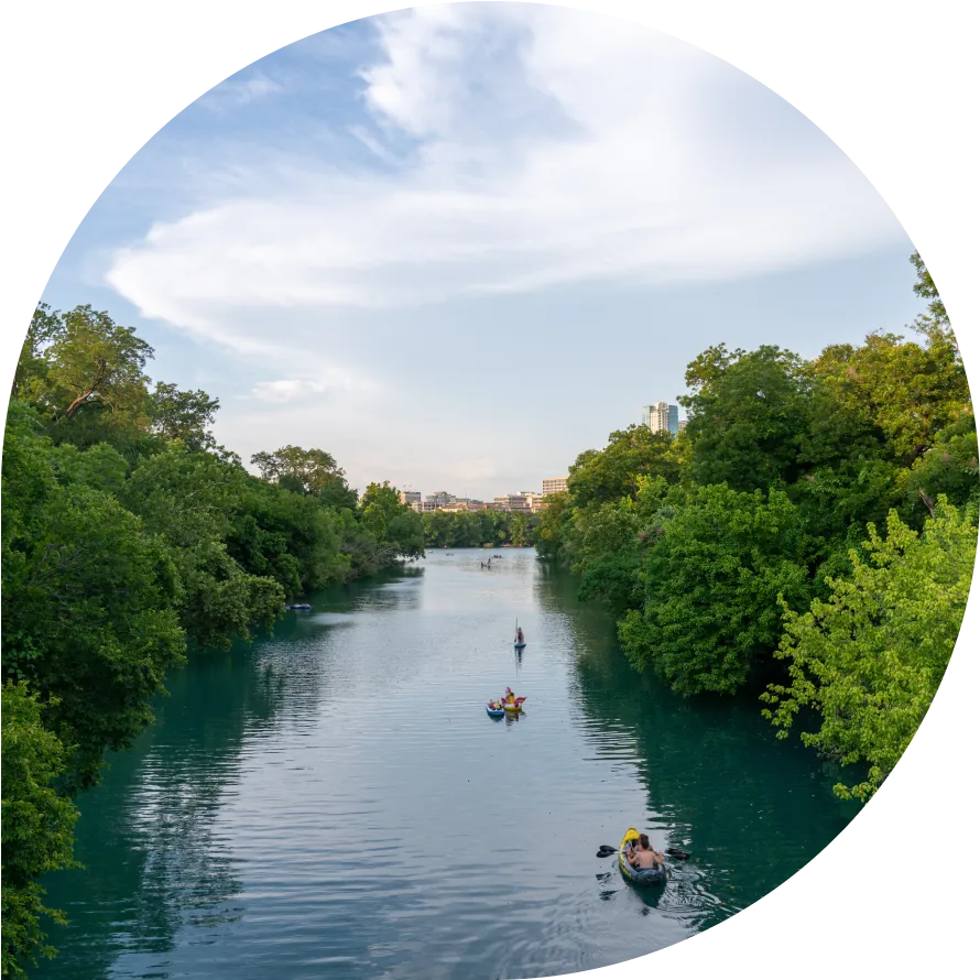 Aerial photo of Barton Creek leading to Lady Bird Lake.