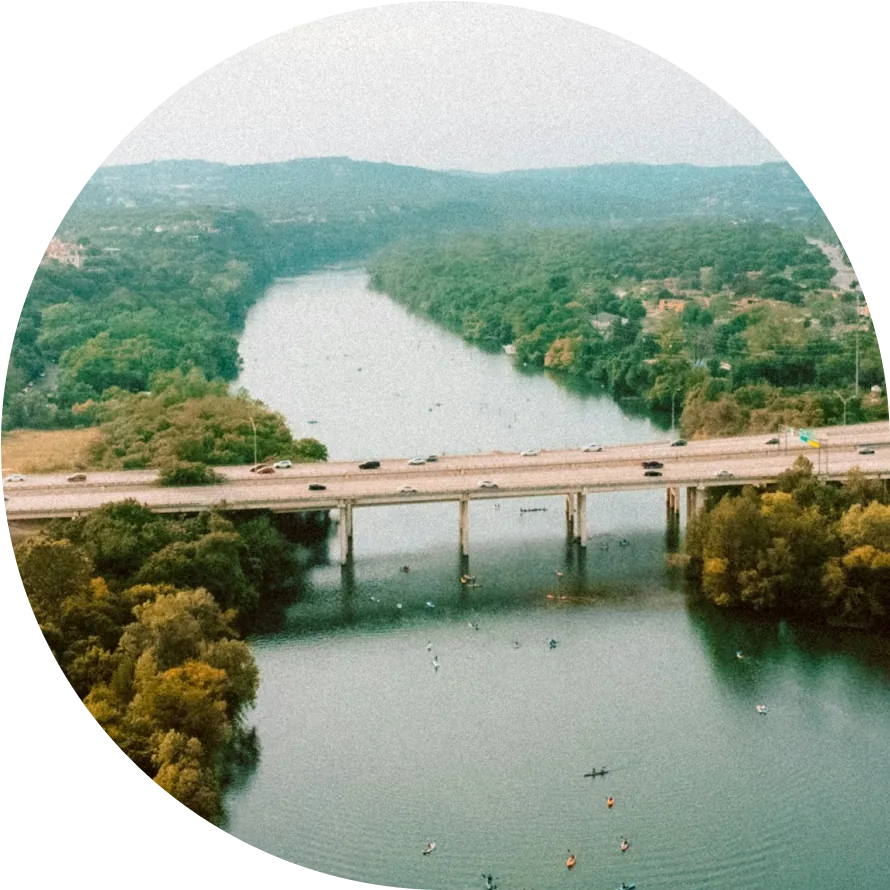 Aerial photo of Lady Bird Lake and the Mopac bridge.