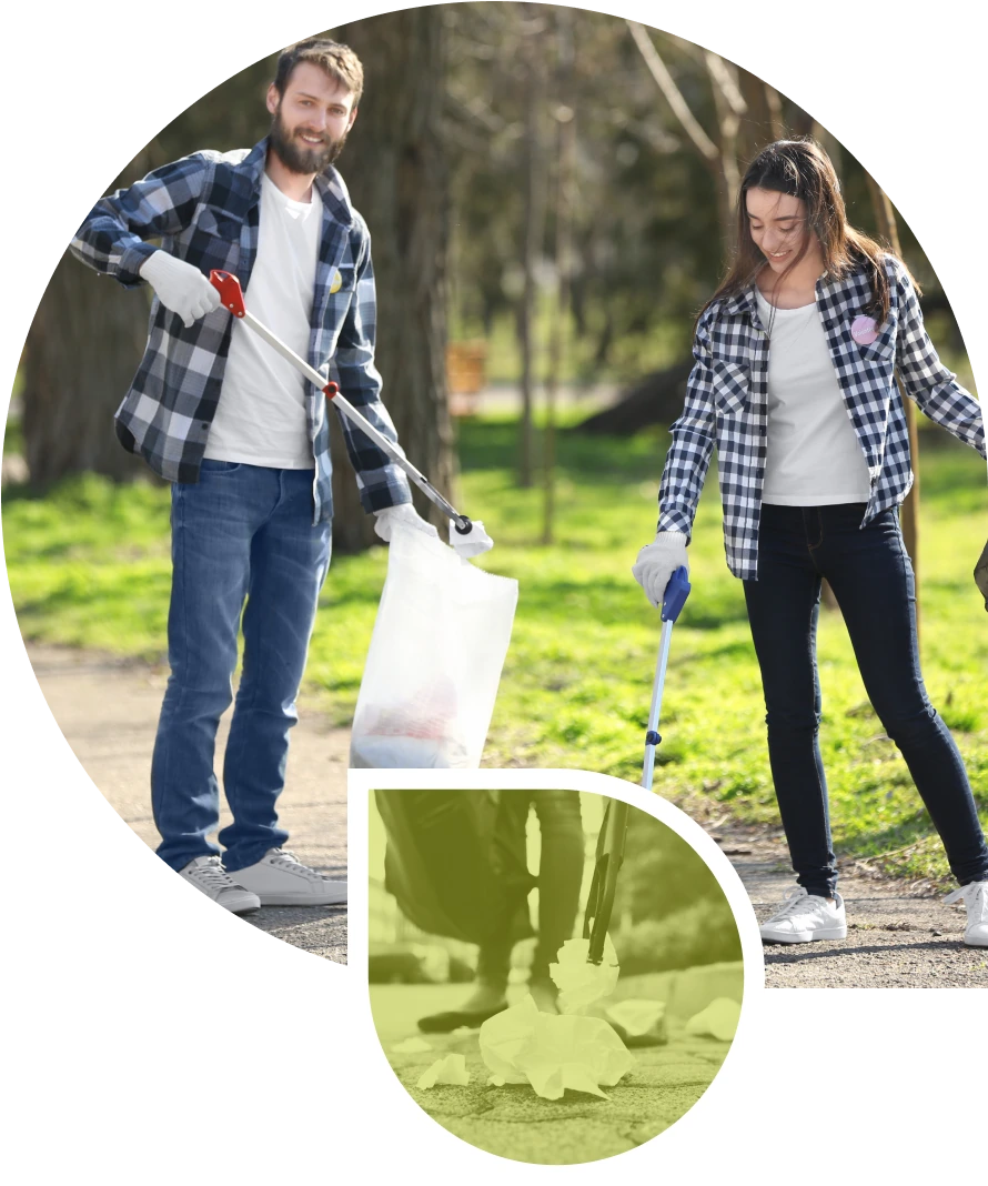 Collage image of two people picking up trash in a public park.