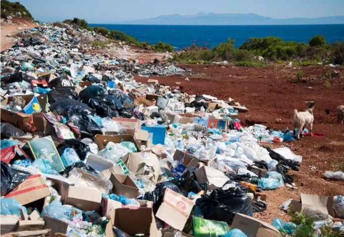 A beach with piles of trash on the shoreline.