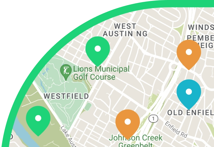 Map of Austin with pins placed on Keep Austin Beautiful conservation locations.