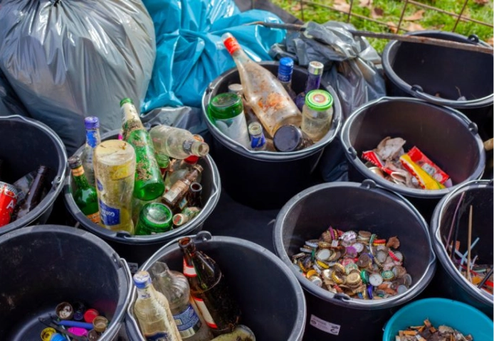 Buckets full of recyclable goods.