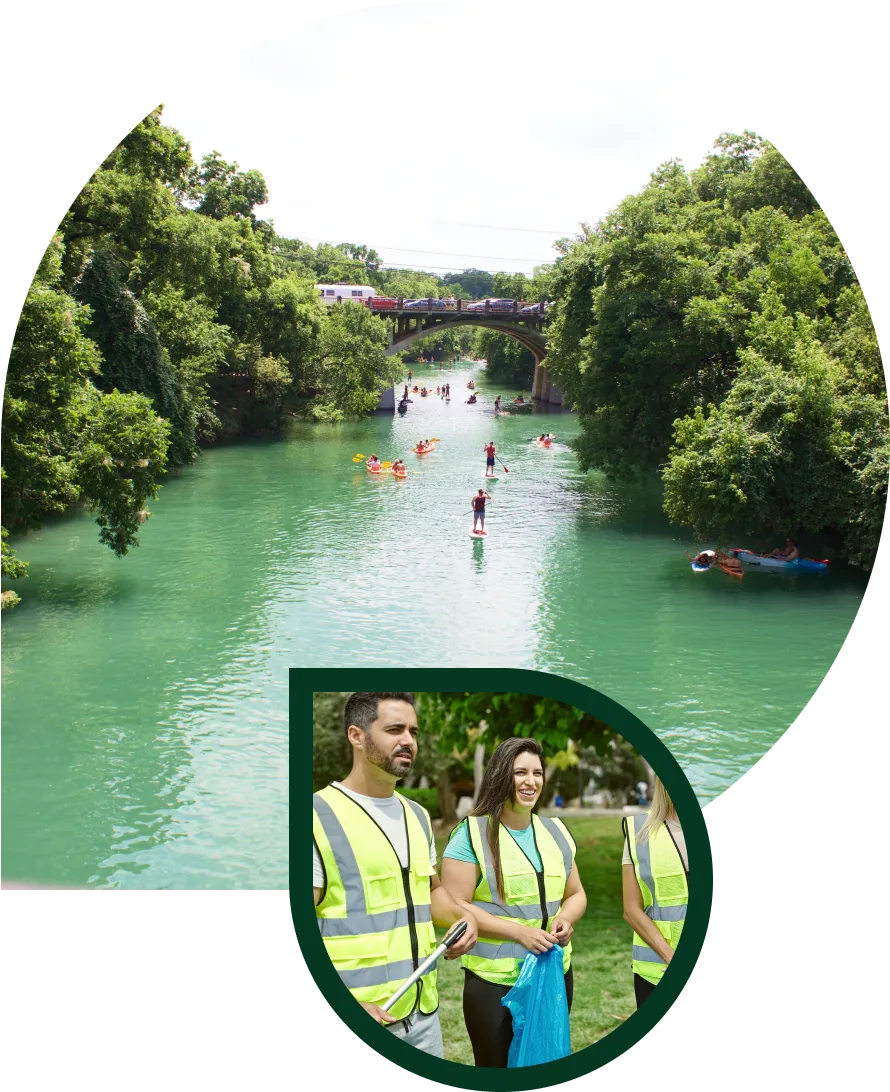 Collage image of Barton Springs and volunteers in yellow reflective vests.