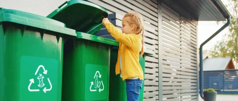 A girl in a yellow cardigan reaches into an open recycling bin.