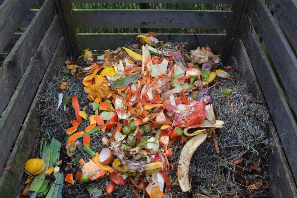 Compost bin with fruit and vegetable peels.