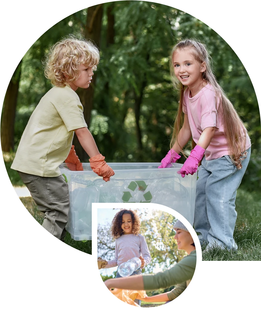 Collage image of children holding a recycling bin.