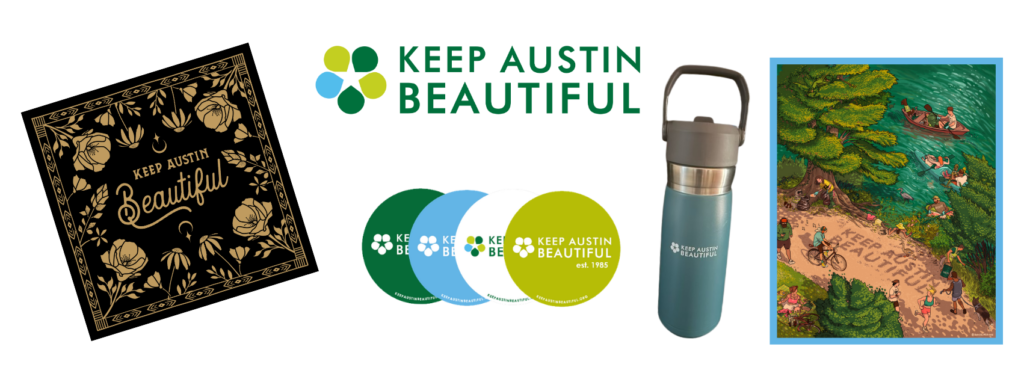 Keep Austin Beautiful merch, bandana, stickers, Stanley, Regone print