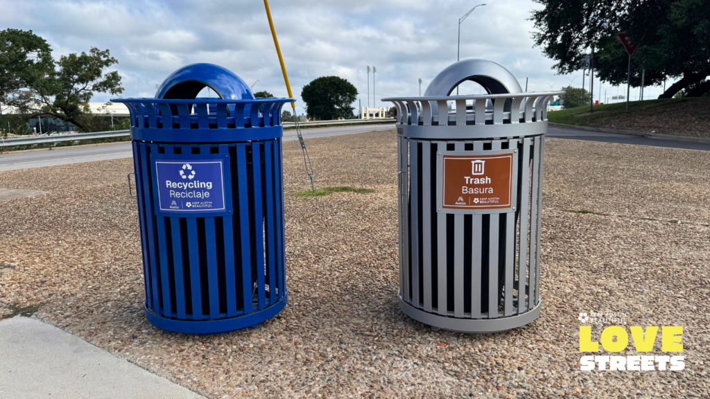 Recycling and litter containers on Austin street